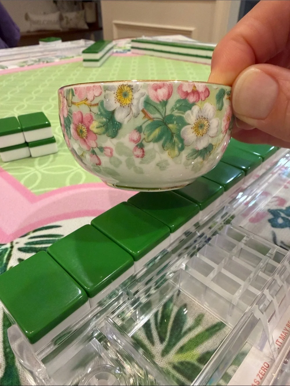 Pink & Green Maytime Floral Mahjong Dice Porcelain Dish Gold Rim